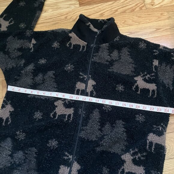 Vintage MIC Fleece Cardigan Womens Black Faux Fur Zip Holiday Reindeer Xmas - Picture 8 of 9
